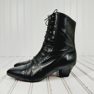 Sudini Black Leather Heeled Lace Up Victorian Dark Academia Ankle Boots K214
